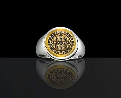 Catholic Unisex Gold Saint Benedict Ring Stainless Steel Catholic St Benedict Ring-St Benedict Holy Prayer Card Included (Gold) in Saudi Arabia