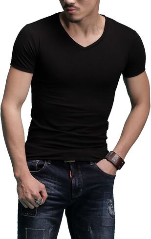 Men's Tagless Slim Fit Top Muscle Cotton V-Neck Crewneck Short Sleeve Undershirts T-Shirts in Kuwait