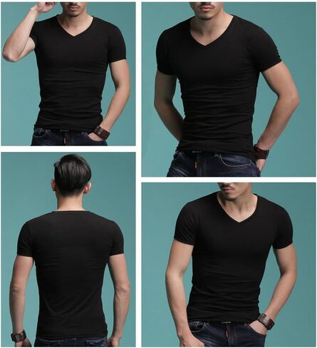 Men's Tagless Slim Fit Top Muscle Cotton V-Neck Crewneck Short Sleeve Undershirts T-Shirts in Kuwait