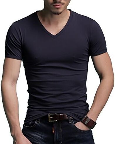 Men's Tagless Slim Fit Top Muscle Cotton V-Neck Crewneck Short Sleeve Undershirts T-Shirts in Kuwait