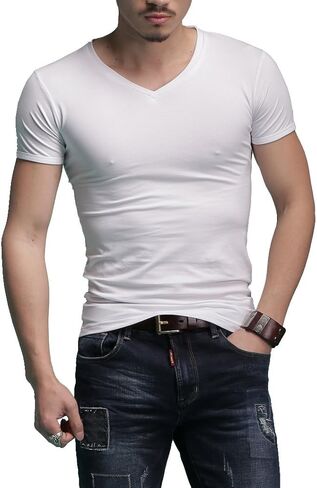 Men's Tagless Slim Fit Top Muscle Cotton V-Neck Crewneck Short Sleeve Undershirts T-Shirts in Kuwait
