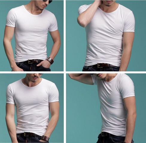 Men's Tagless Slim Fit Top Muscle Cotton V-Neck Crewneck Short Sleeve Undershirts T-Shirts in Kuwait
