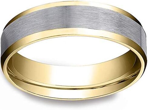 Mens 10k Gold 6MM Satin Wedding Band Flat Beveled Edge Two Tone Ring in Saudi Arabia