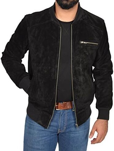 Mens Real BLACK Suede Bomber Leather Jacket Varsity Baseball Casual Coat - Roco in Kuwait