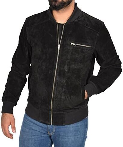 Mens Real BLACK Suede Bomber Leather Jacket Varsity Baseball Casual Coat - Roco in Kuwait