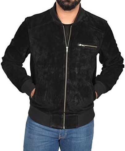 Mens Real BLACK Suede Bomber Leather Jacket Varsity Baseball Casual Coat - Roco in Kuwait