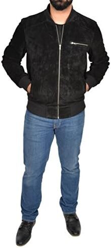 Mens Real BLACK Suede Bomber Leather Jacket Varsity Baseball Casual Coat - Roco in Kuwait