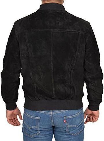 Mens Real BLACK Suede Bomber Leather Jacket Varsity Baseball Casual Coat - Roco in Kuwait