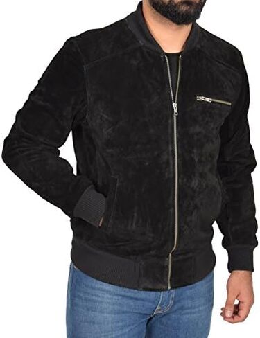 Mens Real BLACK Suede Bomber Leather Jacket Varsity Baseball Casual Coat - Roco in Kuwait