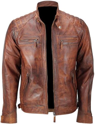 SAMS Men Diamond Quilted Real Leather Jacket - Distressed Brown Motorcycle Jacket - Vintage Cafe Racer Retro Bicker Jacket in Saudi Arabia