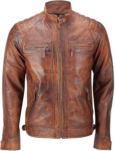 SAMS Men Diamond Quilted Real Leather Jacket - Distressed Brown Motorcycle Jacket - Vintage Cafe Racer Retro Bicker Jacket in Saudi Arabia