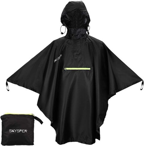SKYSPER Rain Poncho for Adults, Hooded Raincoat for Women Men with Reflective Stripe and Front Pocket Lightweight Waterproof Reusable Rain Coat Outdoor Hiking Camping Emergency Rain Gear Black in Saudi Arabia