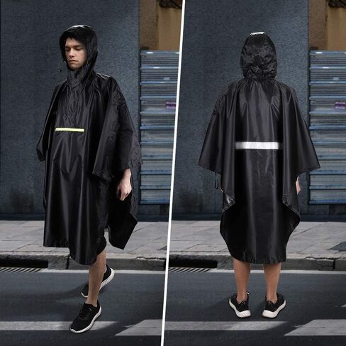 SKYSPER Rain Poncho for Adults, Hooded Raincoat for Women Men with Reflective Stripe and Front Pocket Lightweight Waterproof Reusable Rain Coat Outdoor Hiking Camping Emergency Rain Gear Black in Saudi Arabia
