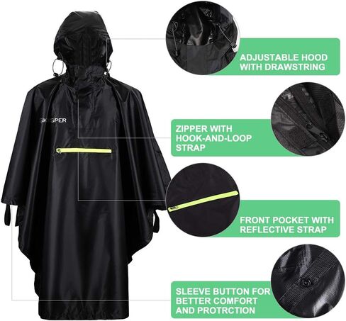 SKYSPER Rain Poncho for Adults, Hooded Raincoat for Women Men with Reflective Stripe and Front Pocket Lightweight Waterproof Reusable Rain Coat Outdoor Hiking Camping Emergency Rain Gear Black in Saudi Arabia