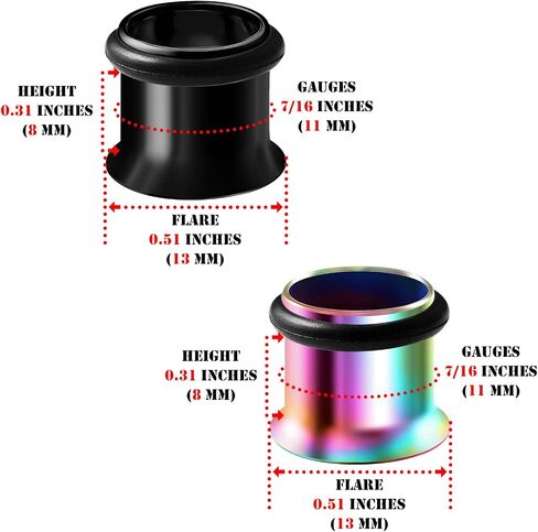 BIG GAUGES 2 Pairs 316L Surgical Steel Rainbow Anodized Black Single Flared Piercing Ear Stretching Plugs O-Ring Flesh Tunnel Earring in Kuwait