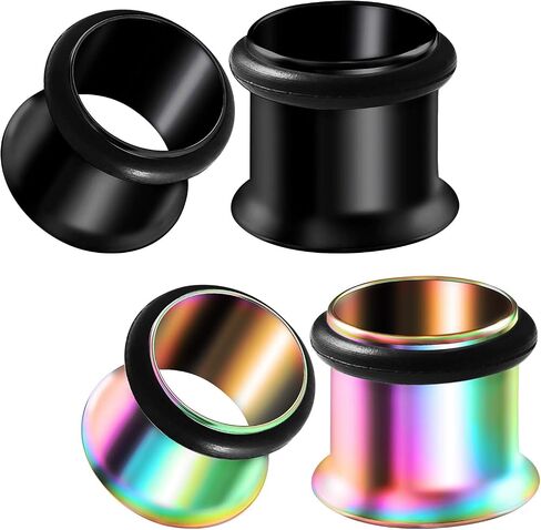 BIG GAUGES 2 Pairs 316L Surgical Steel Rainbow Anodized Black Single Flared Piercing Ear Stretching Plugs O-Ring Flesh Tunnel Earring in Kuwait