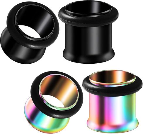 BIG GAUGES 2 Pairs 316L Surgical Steel Rainbow Anodized Black Single Flared Piercing Ear Stretching Plugs O-Ring Flesh Tunnel Earring in Kuwait