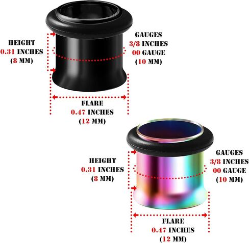 BIG GAUGES 2 Pairs 316L Surgical Steel Rainbow Anodized Black Single Flared Piercing Ear Stretching Plugs O-Ring Flesh Tunnel Earring in Kuwait
