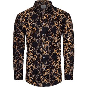 fohemr Mens Luxury Dress Shirts Baroque Gold Chain Print Casual Long Sleeve Button Down buchona Shirt for Party Black in Saudi Arabia