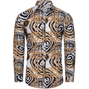 fohemr Mens Luxury Dress Shirts Baroque Gold Chain Print Casual Long Sleeve Button Down buchona Shirt for Party Black