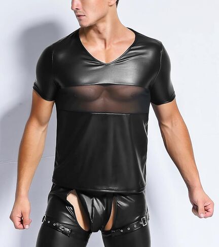 Panegy Men's Sculpting Leather Short Sleeves Side Mesh Cross Bodysuit Slim Fit Briefs Sexy Waist in Saudi Arabia