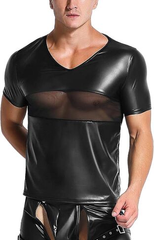 Panegy Men's Sculpting Leather Short Sleeves Side Mesh Cross Bodysuit Slim Fit Briefs Sexy Waist in Saudi Arabia