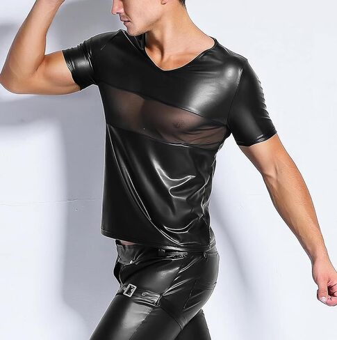 Panegy Men's Sculpting Leather Short Sleeves Side Mesh Cross Bodysuit Slim Fit Briefs Sexy Waist in Saudi Arabia