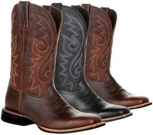 Men's Vintage Pull-On Big Wide Toe Western Cowboy Boots,Mid-Cylinder Embroidered Combat Rider Boots in Kuwait
