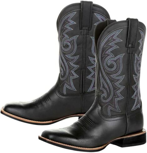 Men's Vintage Pull-On Big Wide Toe Western Cowboy Boots,Mid-Cylinder Embroidered Combat Rider Boots in Kuwait