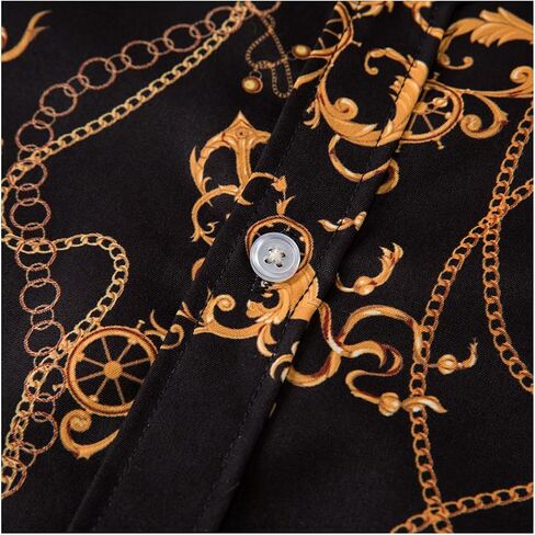 fohemr Mens Luxury Dress Shirts Baroque Gold Chain Print Casual Long Sleeve Button Down buchona Shirt for Party Black in Kuwait