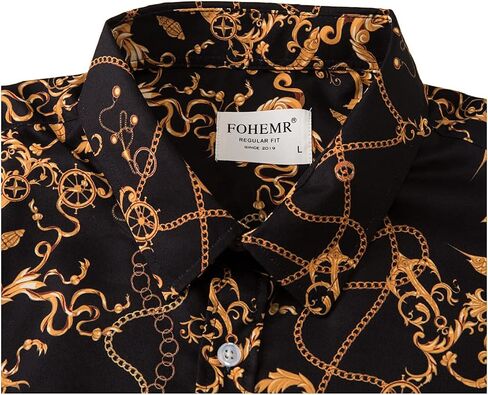 fohemr Mens Luxury Dress Shirts Baroque Gold Chain Print Casual Long Sleeve Button Down buchona Shirt for Party Black in Kuwait