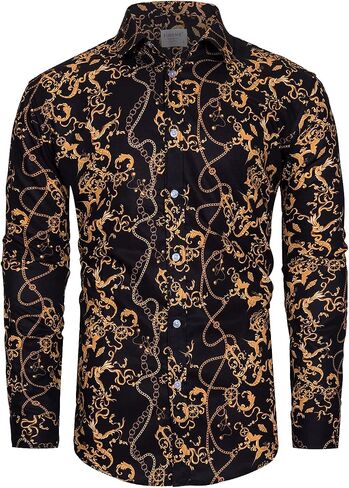 fohemr Mens Luxury Dress Shirts Baroque Gold Chain Print Casual Long Sleeve Button Down buchona Shirt for Party Black in Kuwait