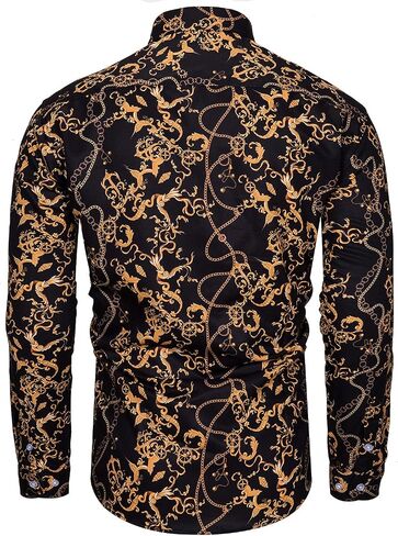 fohemr Mens Luxury Dress Shirts Baroque Gold Chain Print Casual Long Sleeve Button Down buchona Shirt for Party Black in Kuwait