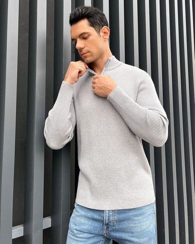 BISUPER Men's Quarter Zip Sweater Ribbed Kint Mockneck Slim Fit Pullover Jumper in Saudi Arabia