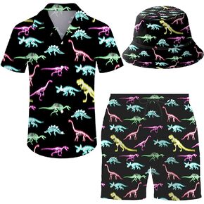 Wdpsuxin Mens 2 Piece Short Set Trippy Dinosaur Hawaiian Button Down Shirt and Shorts Sets with Bucket Hats