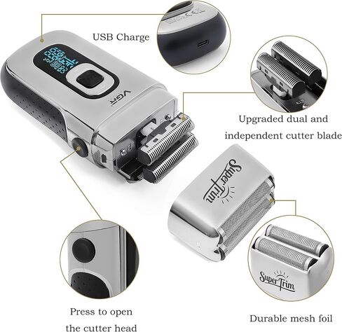 VGR Double Foil Professional Electric Shaver for Men 3 Adjustable Speeds Electric Razors Head Shaver for Bald Men Hair Beard Trimmer with 2 Head Barber Supplies Gifts for Men Fathers Husband Boyfriend in Saudi Arabia
