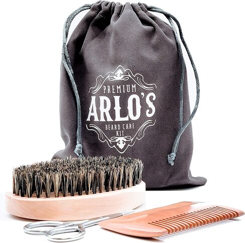 Arlo’s Deluxe 4-PC Beard Care Kit - Includes Dual-Sided Beard Comb, Professional Beard Brush, Stainless Steel Beard Scissors and Deluxe Carrying Bag in Kuwait
