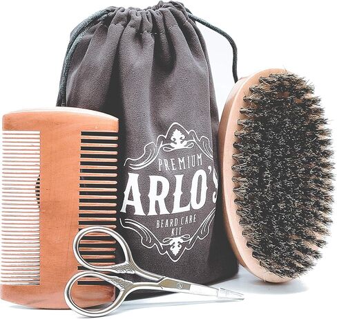 Arlo’s Deluxe 4-PC Beard Care Kit - Includes Dual-Sided Beard Comb, Professional Beard Brush, Stainless Steel Beard Scissors and Deluxe Carrying Bag in Kuwait