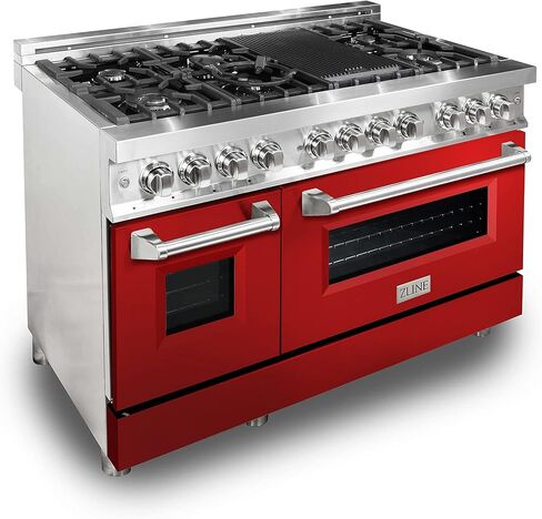 ZLINE 48" 6.0 cu. ft. Dual Fuel Range with Gas Stove and Electric Oven with Color Options (RA48) (Gloss Red) in Saudi Arabia