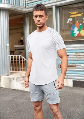 NITAGUT Men's Muscle Workout T-Shirt Pleated Raglan Short Sleeve Gym Athletic Fashion Tee Top in Saudi Arabia