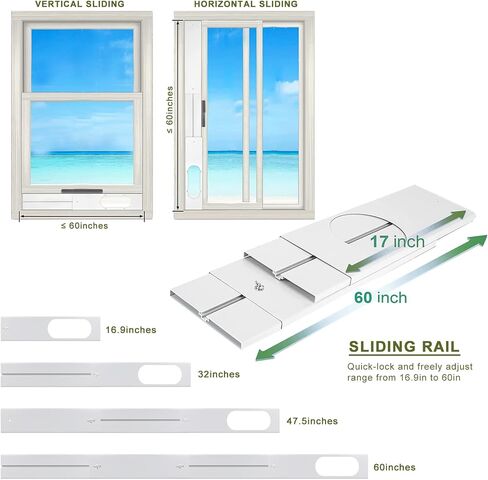 Portable AC Window Kit with 2-in-1 Coupler for Exhaust Hose with 5.0" or 5.9" Diameter, Universal Air Conditioner Window Vent Kit with 4 Adjustable Slide Seal Plates Length from 17" to 60" in Kuwait