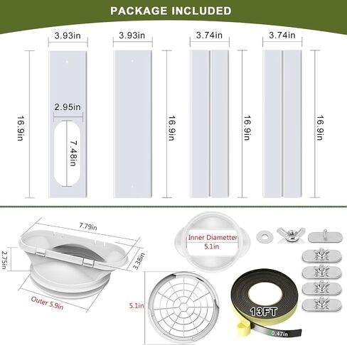 Portable AC Window Kit with 2-in-1 Coupler for Exhaust Hose with 5.0" or 5.9" Diameter, Universal Air Conditioner Window Vent Kit with 4 Adjustable Slide Seal Plates Length from 17" to 60" in Kuwait