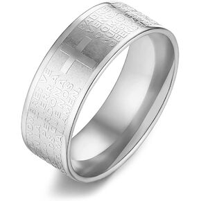Scddboy 8mm Men's Stainless Steel Bible Verse Christian Lord's Prayer Cross Ring Polished Wedding Ring