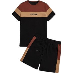 WDIRARA Men's 2 Piece Outfits Letter Print Color Block Tee and Drawstring Shorts Set in Kuwait