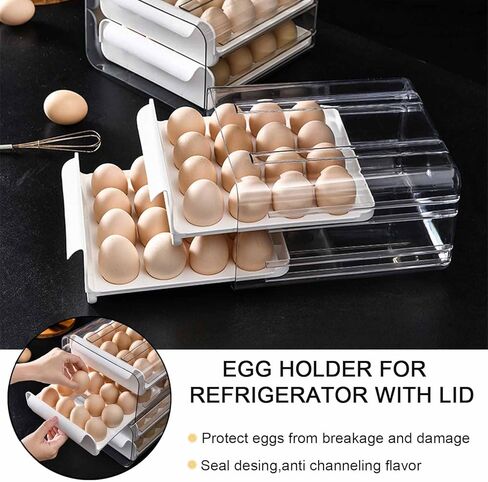 حامل بيض بسعة كبيرة 32 شبكة للثلاجة، نوع الدرج، صندوق منظم لحاوية تخزين البيض، صندوق بيض طازج للثلاجة، كرتونة بيض شفافة للتخييم، تناسب بيضة 16 × 2 in Kuwait