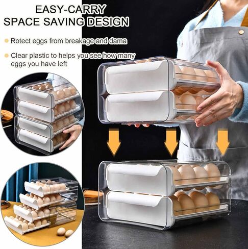 حامل بيض بسعة كبيرة 32 شبكة للثلاجة، نوع الدرج، صندوق منظم لحاوية تخزين البيض، صندوق بيض طازج للثلاجة، كرتونة بيض شفافة للتخييم، تناسب بيضة 16 × 2 in Kuwait