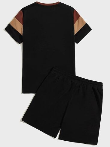 WDIRARA Men's 2 Piece Outfits Letter Print Color Block Tee and Drawstring Shorts Set in Kuwait