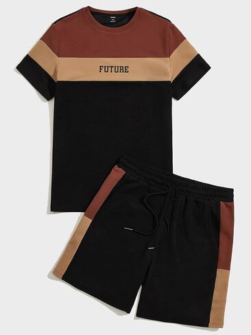 WDIRARA Men's 2 Piece Outfits Letter Print Color Block Tee and Drawstring Shorts Set in Kuwait