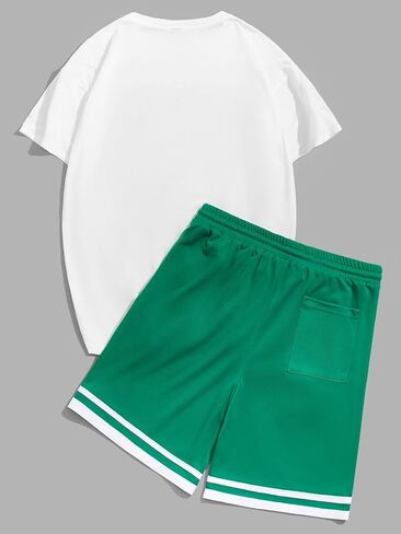 WDIRARA Men's 2 Piece Outfits Letter Print Color Block Tee and Drawstring Shorts Set in Saudi Arabia