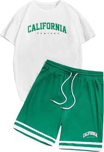 WDIRARA Men's 2 Piece Outfits Letter Print Color Block Tee and Drawstring Shorts Set in Saudi Arabia